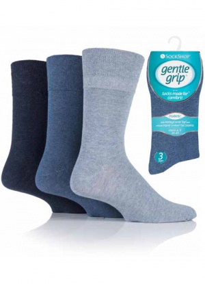 Mens 3 Pack Gentle Grip Diabetic Socks Blue Shades